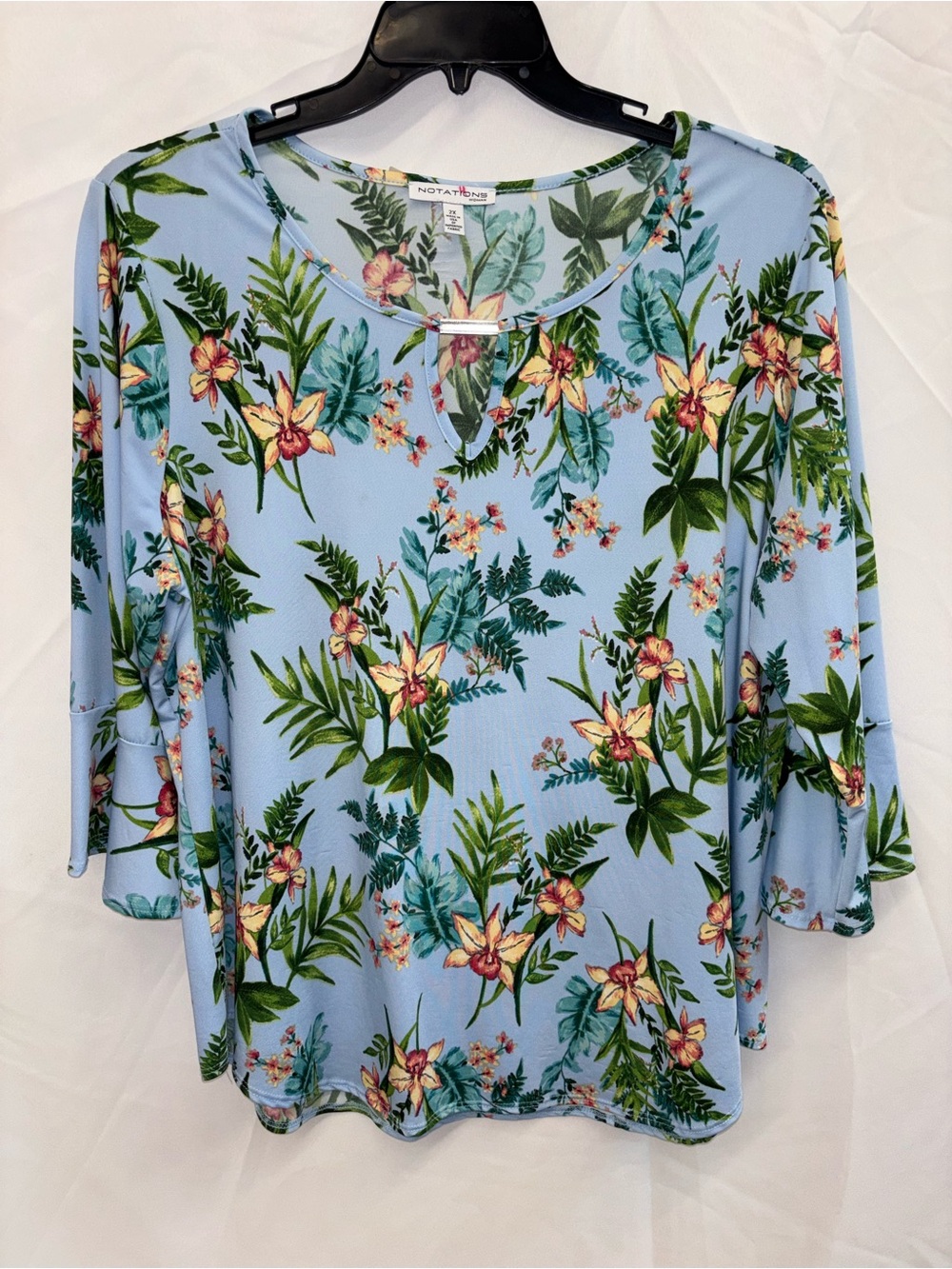 Notations Light Blue Tropical Floral Keyhole Top